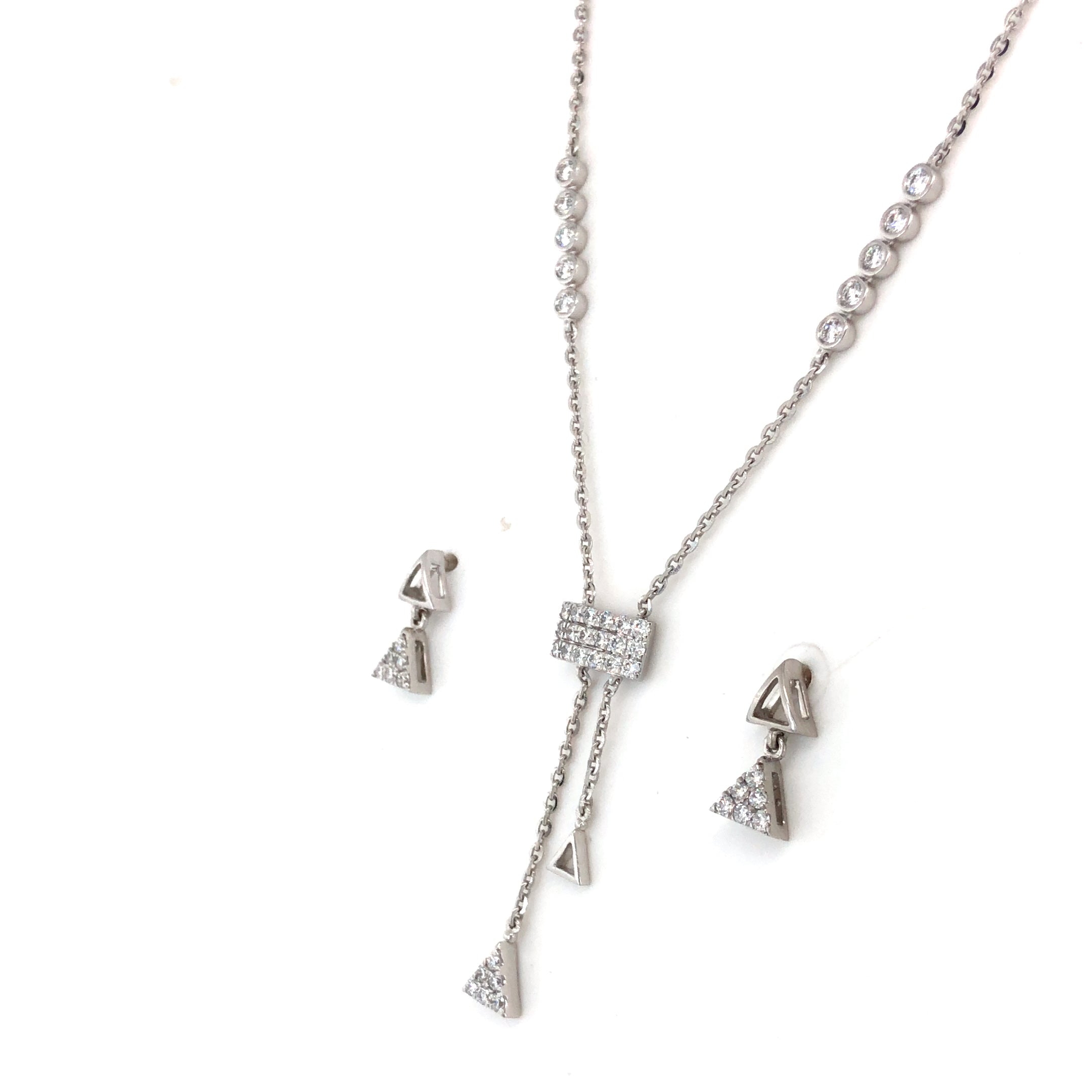 Triangle Drop White Gold Chain With Earrings