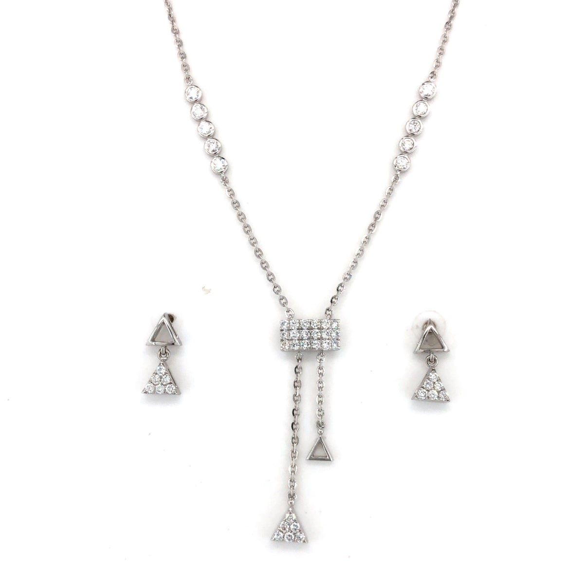 Triangle Drop White Gold Chain With Earrings