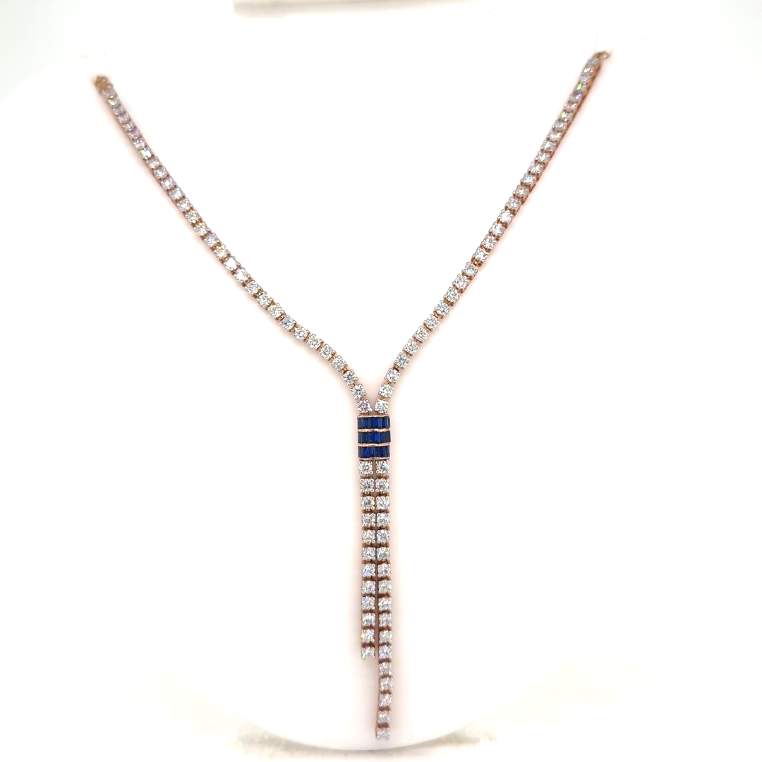 Blue Sapphire Bar Drop Lab Grown Diamond Necklace