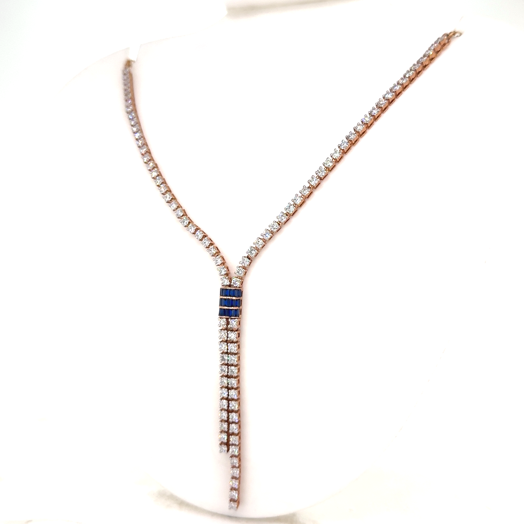Blue Sapphire Bar Drop Lab Grown Diamond Necklace